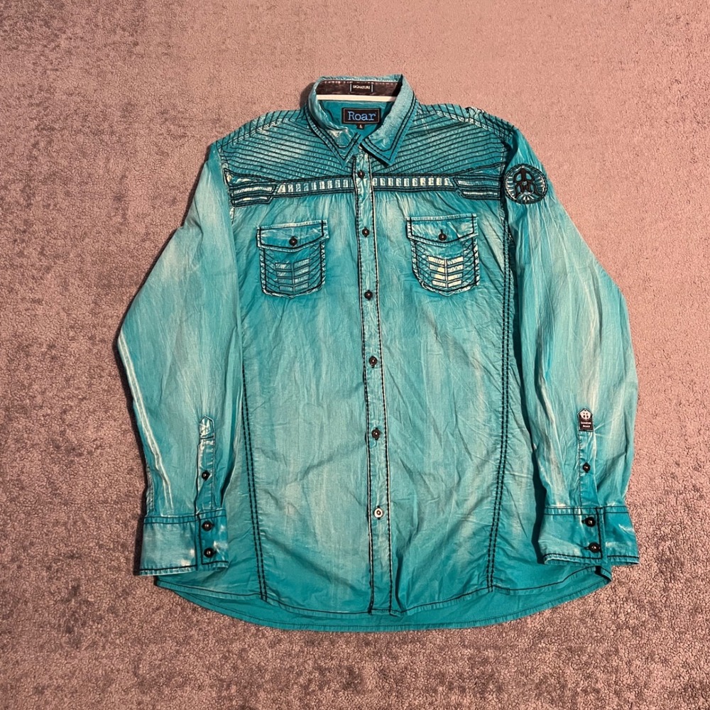 Roar Signature Mens XL Turquoise Acid Wash Embroidered Western Button Down Shirt